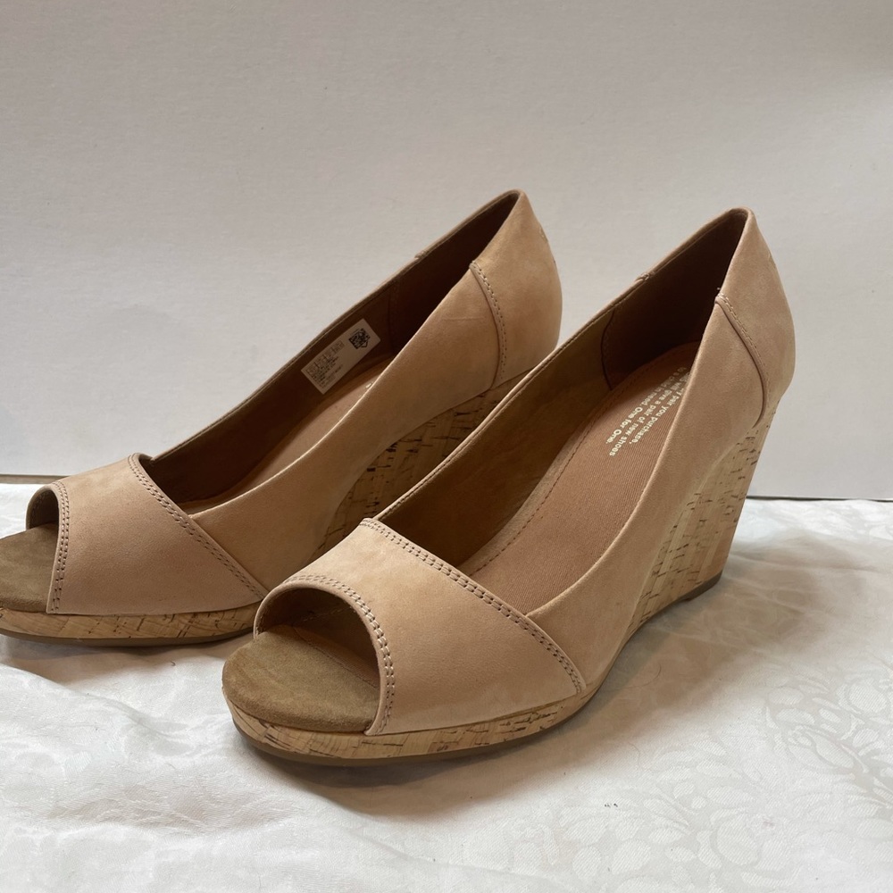TOMS sand nubuck cork wedges